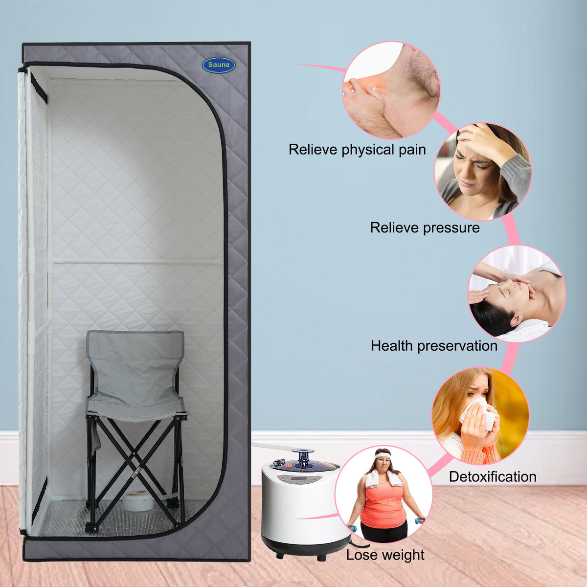 Full Size Portable Steam Sauna Tent with Steam Generator and Chair - Grey