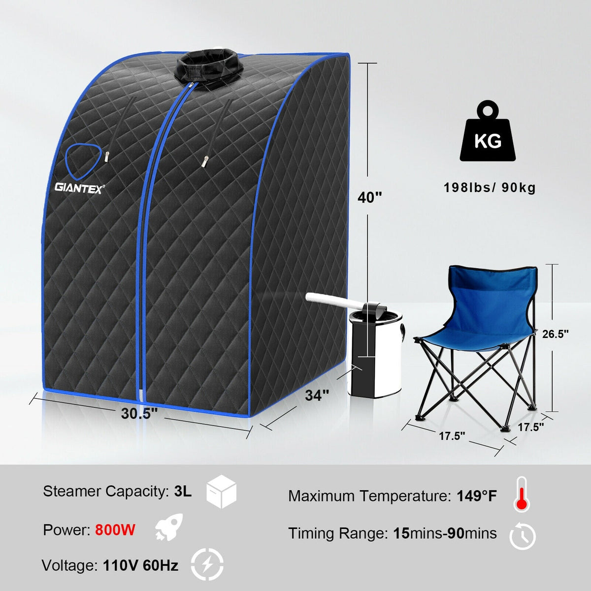 Portable Personal Steam Sauna Spa with 3L Blast-proof Steamer Chair – view 4