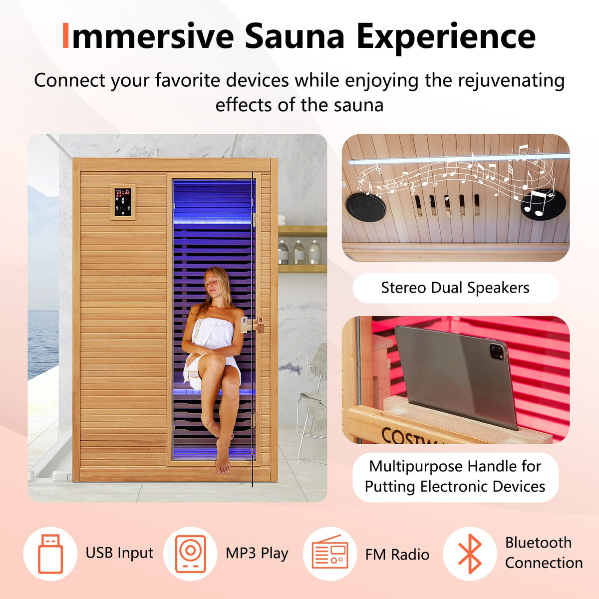2 Person Infrared Sauna – Canadian Hemlock, Red Light Panel, Bluetooth, 120V – view 5