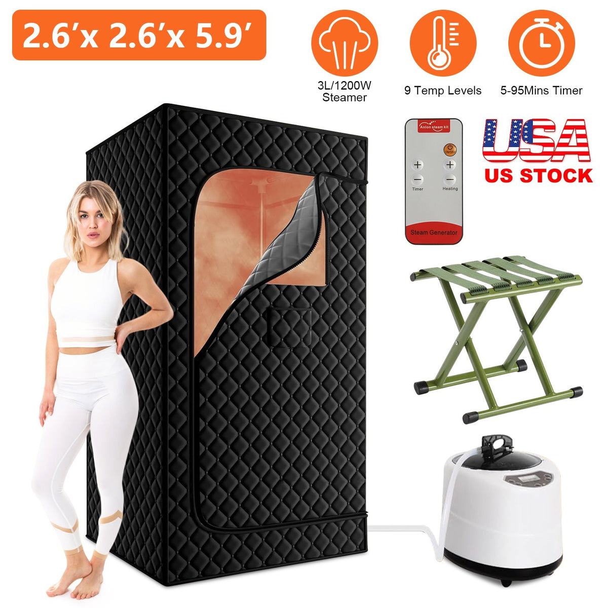2.6x 2.6x 5.9FTPortable Sauna Tent 1 Person Steam Sauna for Home with 3L/1200W Steamer Folding Chair Remote Control 9 Steam Output Levels 5-95Mins Tim