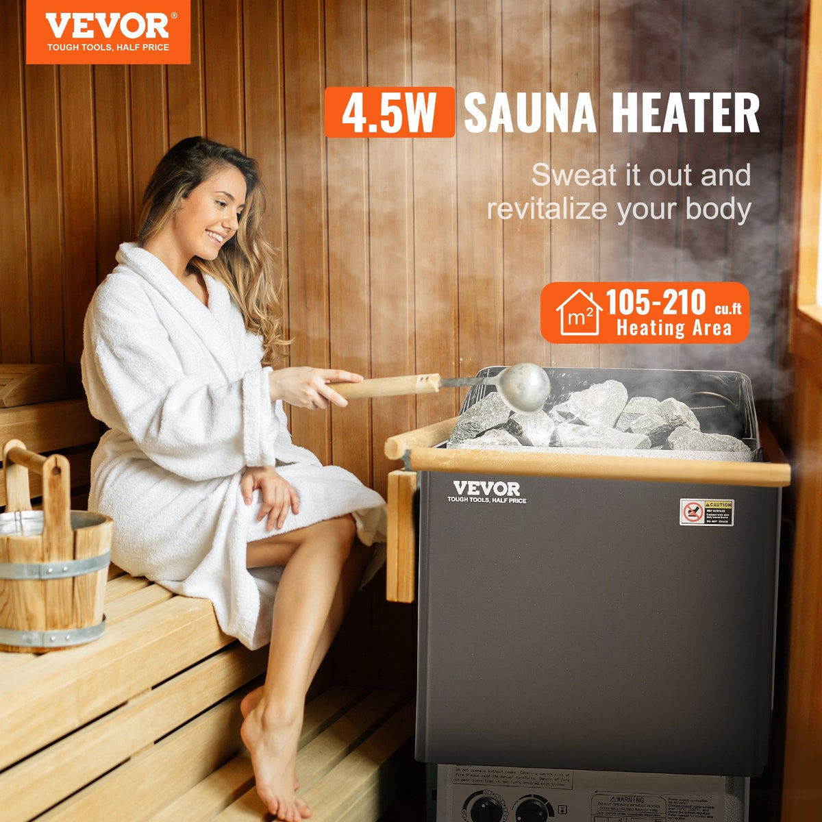 Sauna Heater, 4.5KW 220V Electric Sauna Stove, Steam Bath Sauna Heater With Built-In Controls, 3h Timer And Adjustable Temp For Max. 105-210 Cubic Feet, Home Hotel Spa Shower Use, FCC Certification