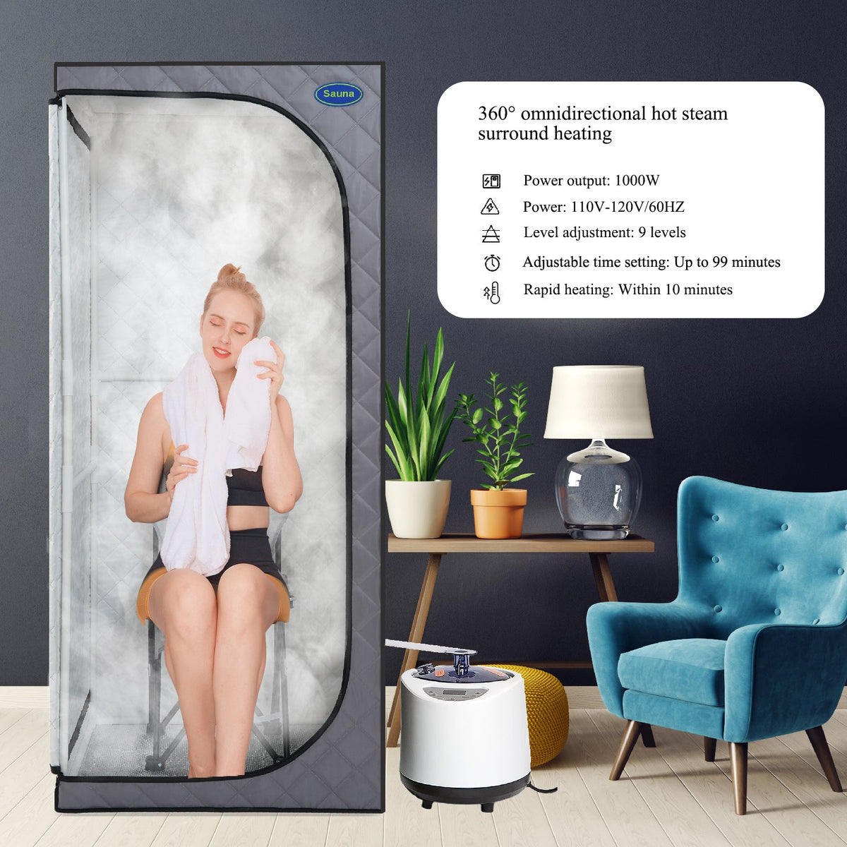 Full Size Portable Steam Sauna Tent with Steam Generator and Chair - Grey