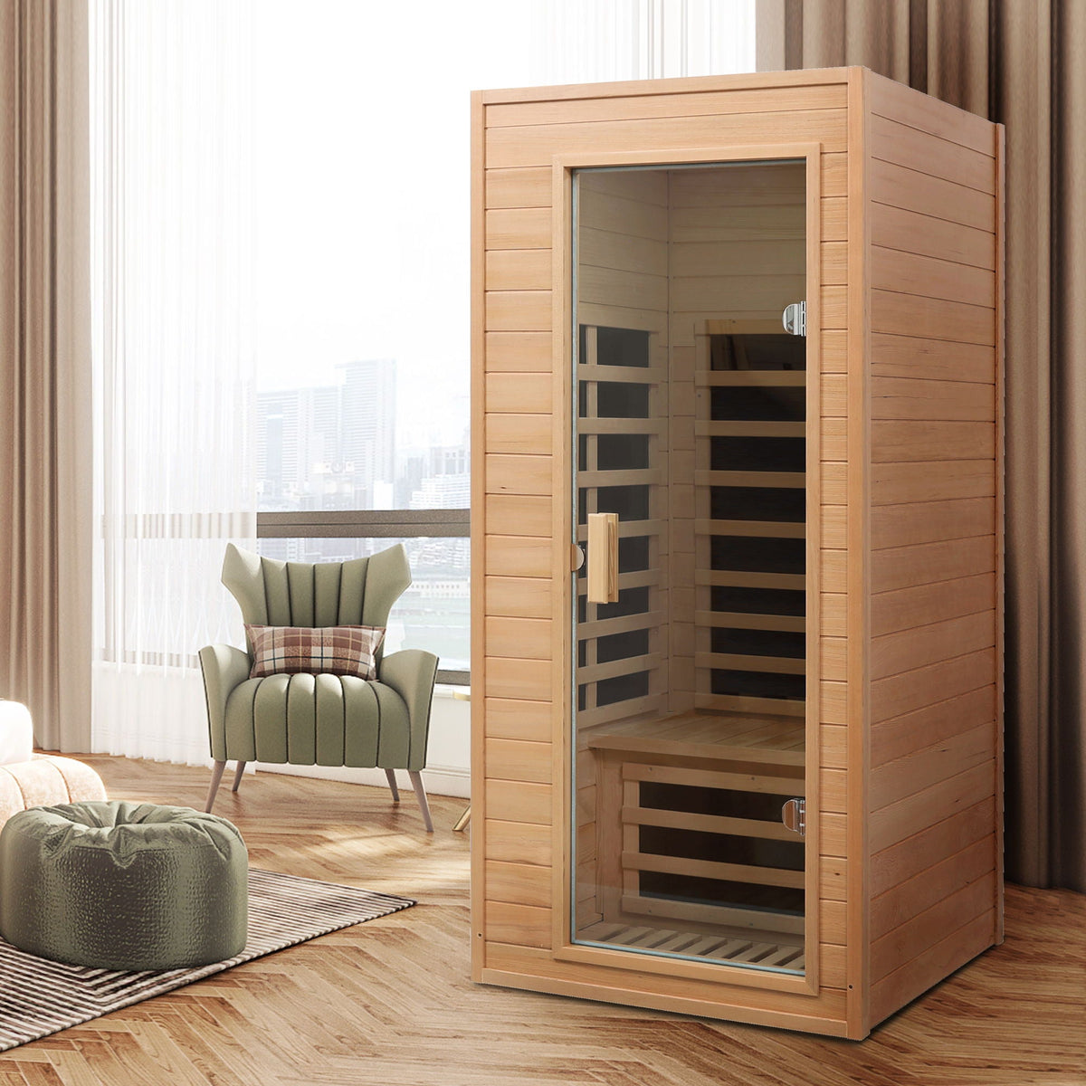 Hemlock Far Infrared Roof Embedded Indoor Sauna Room with LCD Controls - Light Brown – view 13