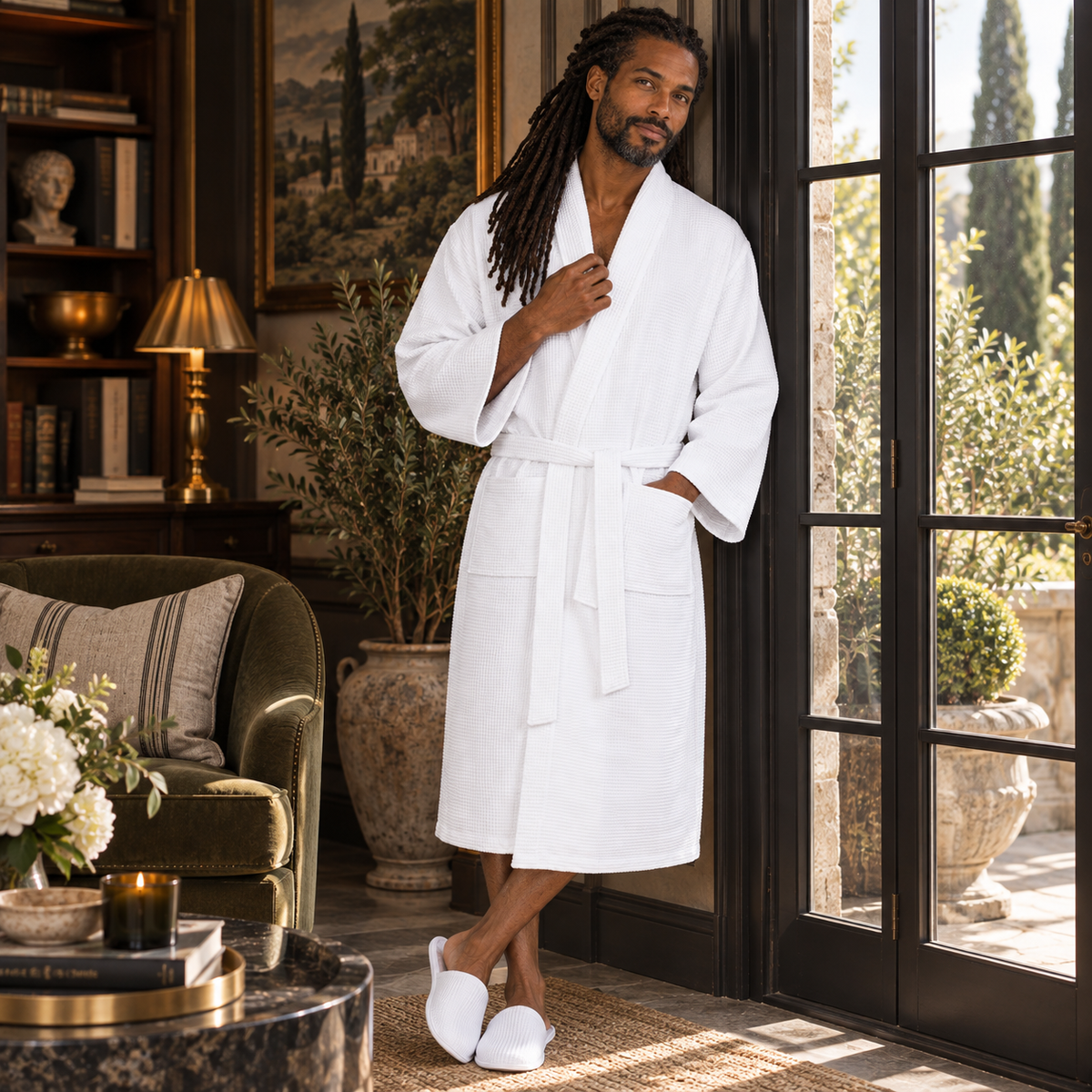 Waffle Spa Bathrobe for Men - Absorbent, Lightweight