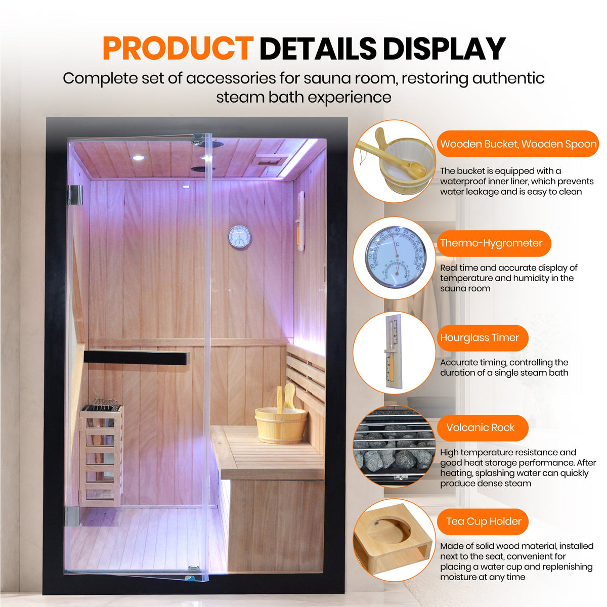 African Pine Indoor Sauna with Double Stove & LED Lighting - Natural Pine – view 4