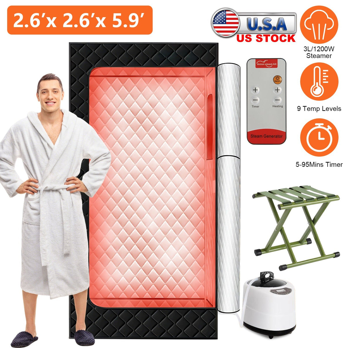 2.6x 2.6x 5.9FTPortable Sauna Tent 1 Person Steam Sauna for Home with 3L/1200W Steamer Folding Chair Remote Control 9 Steam Output Levels 5-95Mins Tim