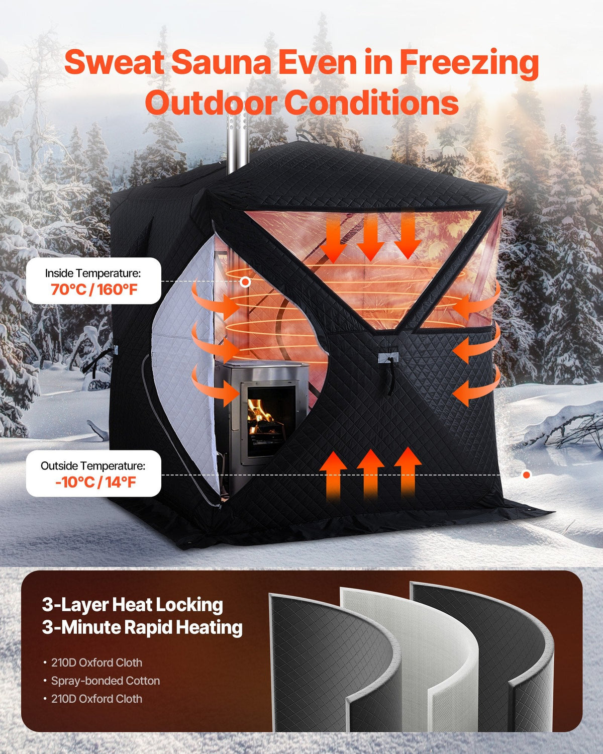 Outdoor Steam Dry Sauna Tent For 4 Person With Velcro For Camping Black