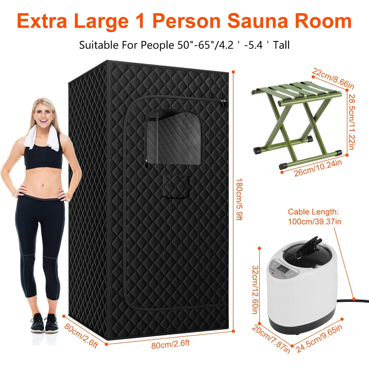 2.6x 2.6x 5.9FTPortable Sauna Tent 1 Person Steam Sauna for Home with 3L/1200W Steamer Folding Chair Remote Control 9 Steam Output Levels 5-95Mins Tim