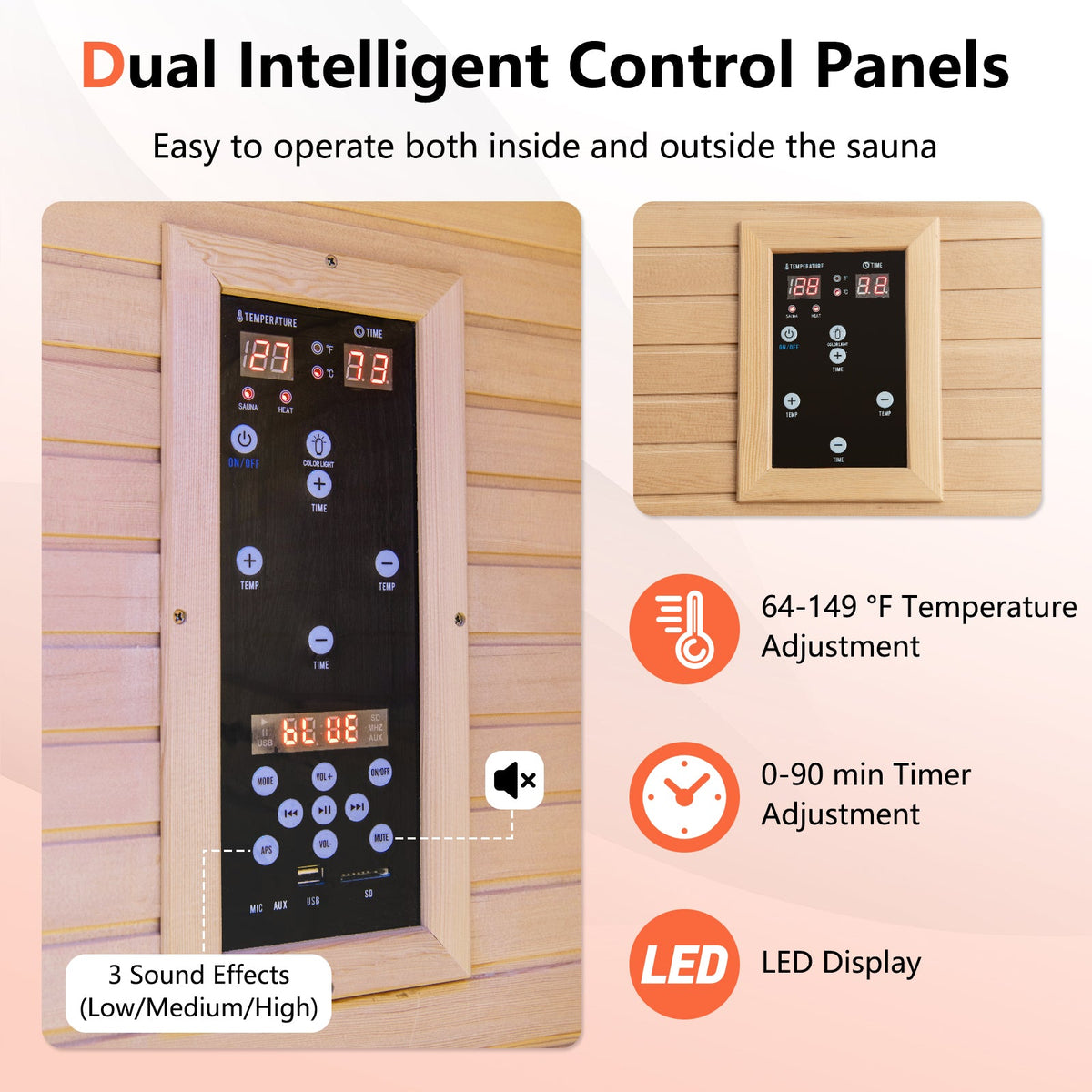 2 Person Infrared Sauna – Canadian Hemlock, Red Light Panel, Bluetooth, 120V – view 3