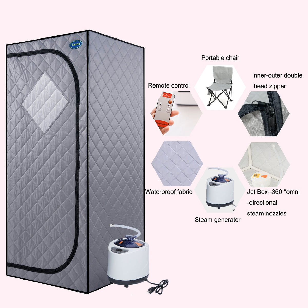 Full Size Portable Steam Sauna Tent with Steam Generator and Chair - Grey