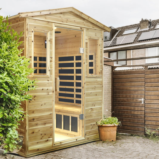 Four Person Far-Infrared Outdoor Sauna Room with Bluetooth and LED - Natural