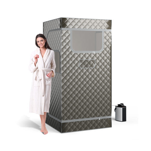 Portable Steam Sauna with 3L Steam Generator Remote Control Wood Foot Massager and Foldable Chair for Home-Gray - Color: Gray