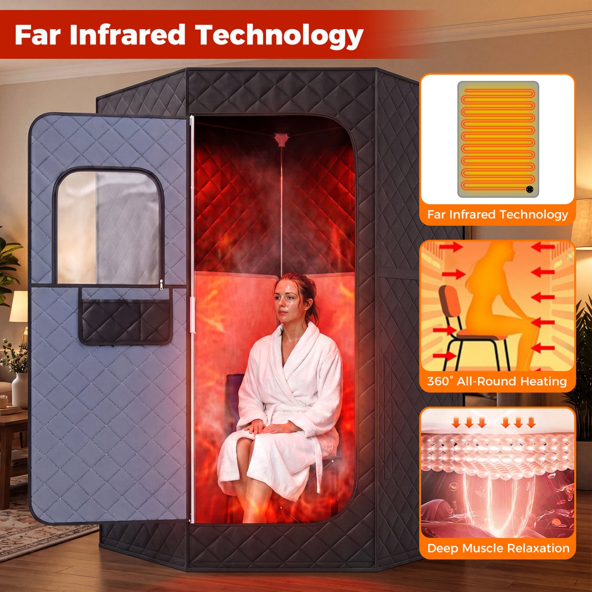 Portable Infrared Sauna Tent – Carbon Heaters & Foot Pad, 35.5 x 35.5 x 71 in, Black – view 5