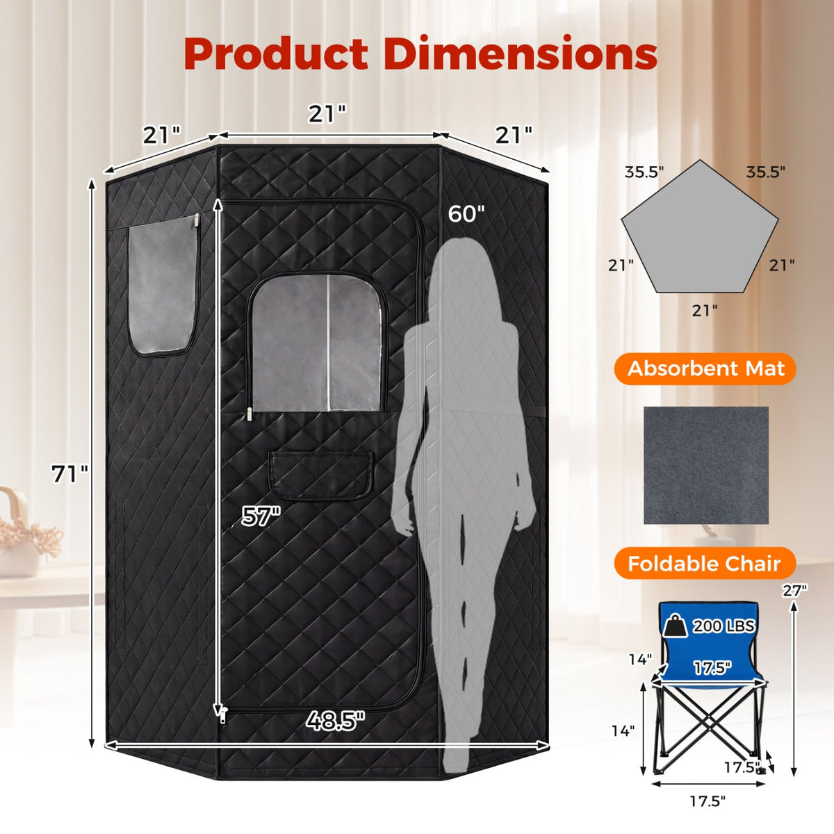 Portable Infrared Sauna Tent – Carbon Heaters & Foot Pad, 35.5 x 35.5 x 71 in, Black – view 3