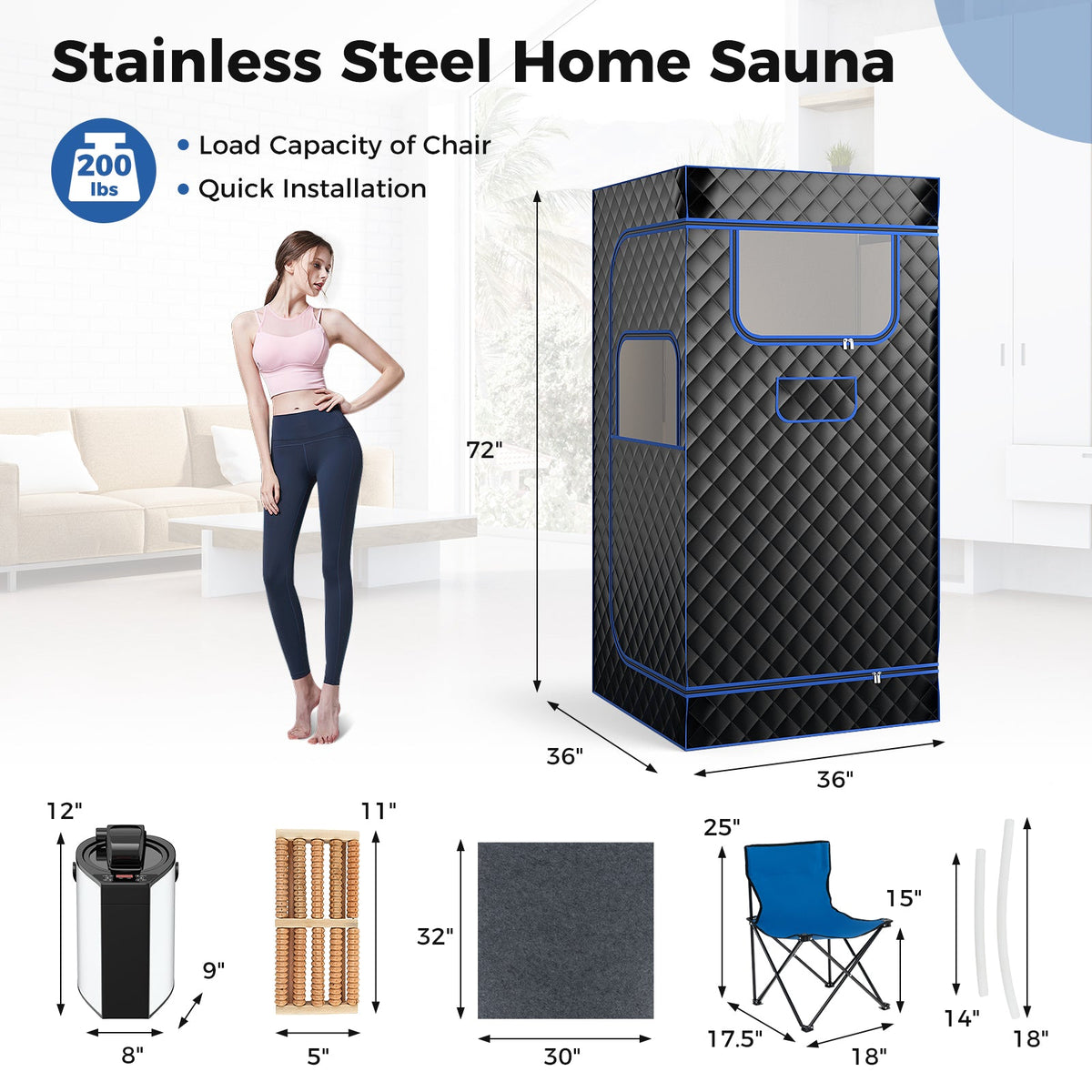 Portable Steam Sauna – 3L Steamer, Remote, Wood Foot Massager & Chair, Black – view 4