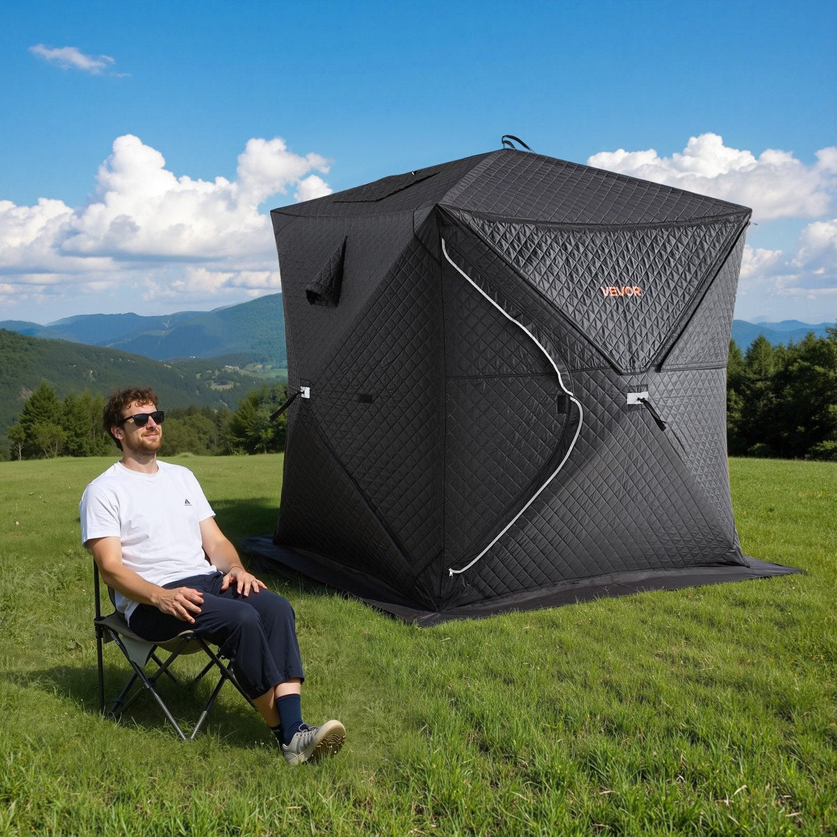 Outdoor Steam Dry Sauna Tent For 4 Person With Velcro For Camping Black