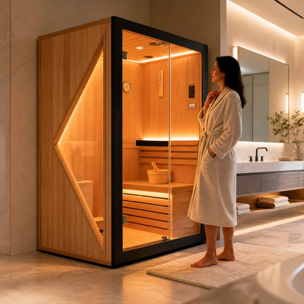 African Pine Indoor Sauna with Double Stove & LED Lighting - Natural Pine – view 2