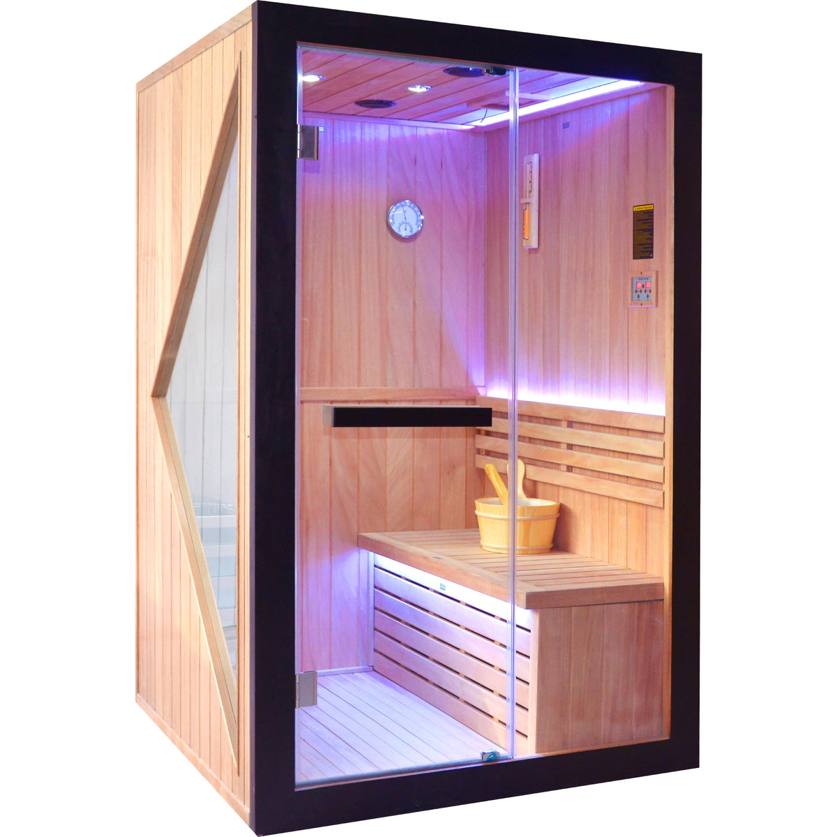 African Pine Indoor Sauna with Double Stove & LED Lighting - Natural Pine – view 3