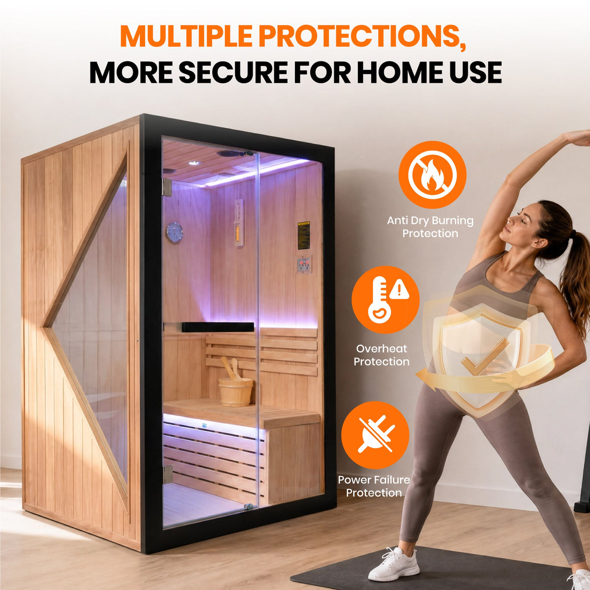 African Pine Indoor Sauna with Double Stove & LED Lighting - Natural Pine – view 7